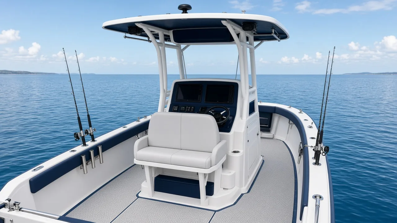 Sport Fisher helm bench seat below a T-top