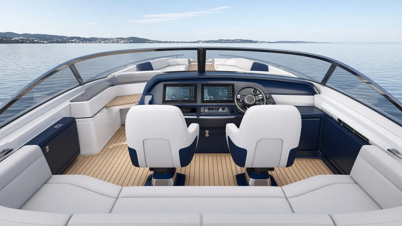 Yacht tender cockpit with upholstered seating, navy dash and teak decking