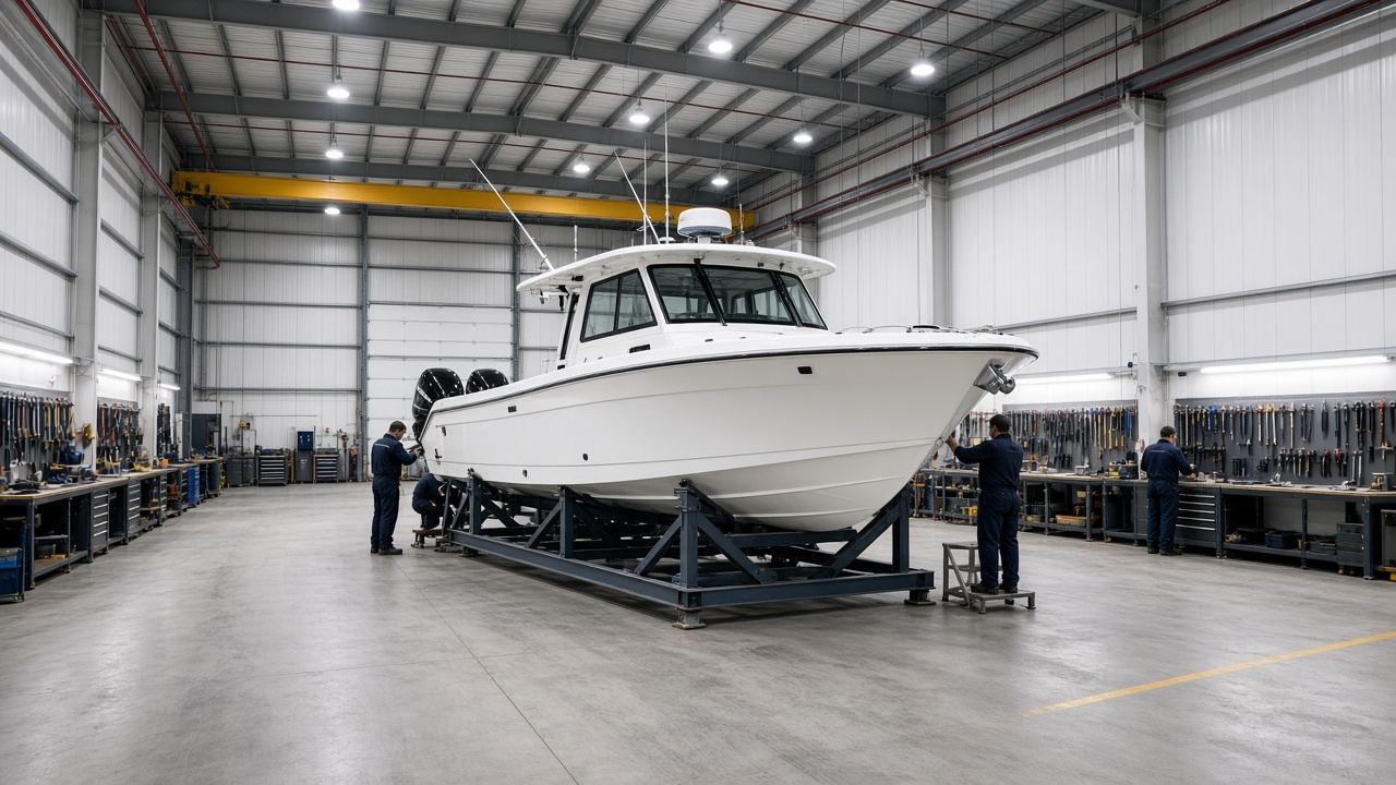 A boat hull resting on its build cradle inside the workshop