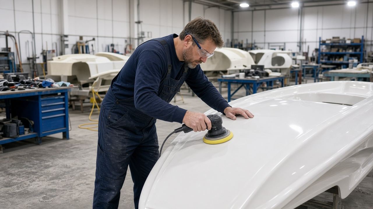 A craftsman polishing a boat hull by hand